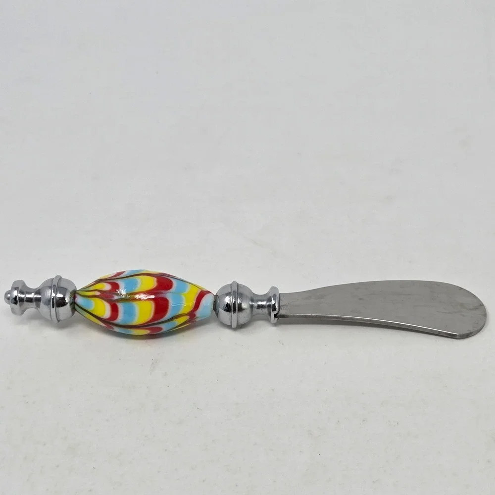 Murano Style Lampwork Glass Butter Cheese Spreader Feathered Multicolor Boxed